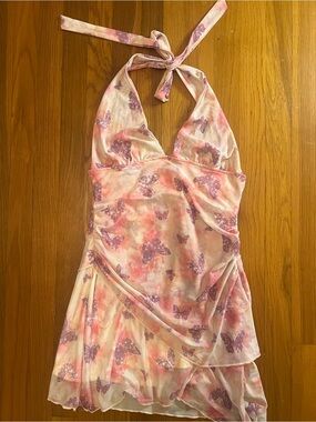 Pink Butterfly Halter Mini Dress
